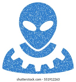 Alien Engineer grainy textured icon for overlay watermark stamps. Flat symbol with unclean texture. Dotted vector cobalt ink rubber seal stamp with grunge design on a white background.