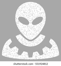 Alien Engineer grainy textured icon for overlay watermark stamps. Flat symbol with dust texture. Dotted vector white ink rubber seal stamp with grunge design on a silver background.