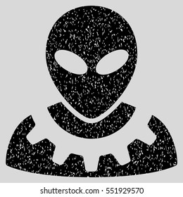 Alien Engineer grainy textured icon for overlay watermark stamps. Flat symbol with dirty texture. Dotted vector black ink rubber seal stamp with grunge design on a light gray background.