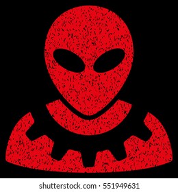 Alien Engineer grainy textured icon for overlay watermark stamps. Flat symbol with dirty texture. Dotted vector red ink rubber seal stamp with grunge design on a black background.