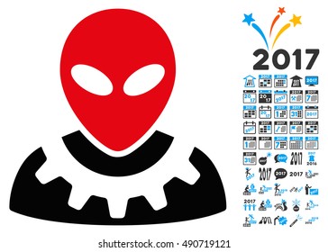 Alien Engineer icon with 2017 year bonus vector pictographs. Collection style is flat symbols, white background.