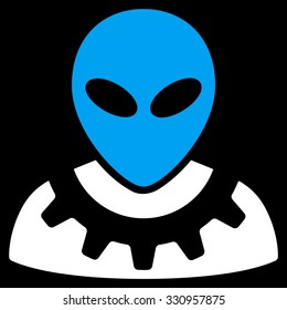Alien Engineer vector icon. Style is flat bicolor blue and white symbol, rounded angles, black background.