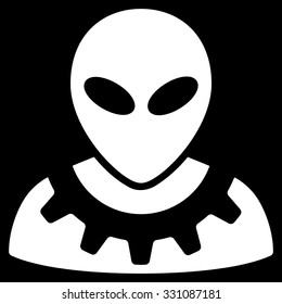 Alien Engineer vector icon. Style is flat white symbol, rounded angles, black background.