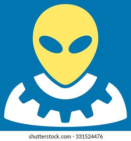Alien Engineer vector icon. Style is flat bicolor yellow and white symbol, rounded angles, blue background.