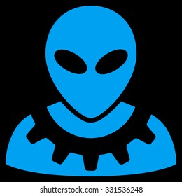 Alien Engineer vector icon. Style is flat blue symbol, rounded angles, black background.