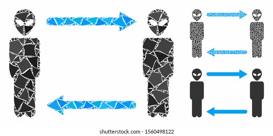 Alien exchange arrows composition of uneven items in variable sizes and color tones, based on alien exchange arrows icon. Vector raggy dots are composed into composition.