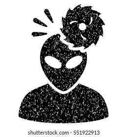 Alien Exploration grainy textured icon for overlay watermark stamps. Flat symbol with dirty texture. Dotted vector black ink rubber seal stamp with grunge design on a white background.