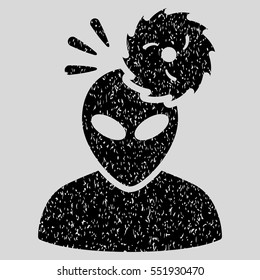 Alien Exploration grainy textured icon for overlay watermark stamps. Flat symbol with unclean texture. Dotted vector black ink rubber seal stamp with grunge design on a light gray background.