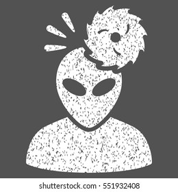 Alien Exploration grainy textured icon for overlay watermark stamps. Flat symbol with unclean texture. Dotted vector white ink rubber seal stamp with grunge design on a gray background.