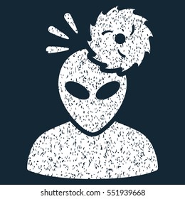 Alien Exploration grainy textured icon for overlay watermark stamps. Flat symbol with dirty texture. Dotted vector white ink rubber seal stamp with grunge design on a dark blue background.