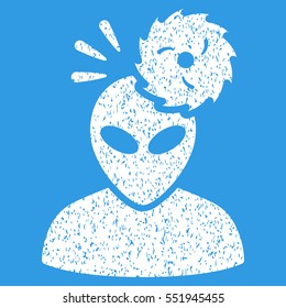 Alien Exploration grainy textured icon for overlay watermark stamps. Flat symbol with dust texture. Dotted vector white ink rubber seal stamp with grunge design on a blue background.