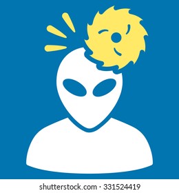 Alien Exploration vector icon. Style is flat bicolor yellow and white symbol, rounded angles, blue background.