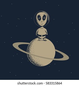 Alien explored a new planet.Science theme.Cartoon childish vector illustration