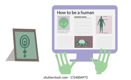 Alien explora un manual sobre cómo ser un hombre en la pantalla del ordenador. Ilustración vectorial aislada, concepto de diseño