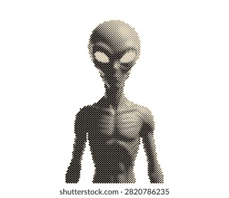 Alien extraterrestrial creature with large eyes and slender body standing upright. Sci-fi retro halftone vector illustration of UFO lifeform isolat...