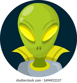 Alien. Extraterrestrial monster with green head and Big eyes. Science fiction icon. Cartoon flat illustration in circle. Martian and UFO. Space creature and visitor
