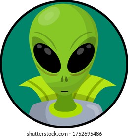 Alien. Extraterrestrial monster with green head and Big eyes. Martian and UFO. Space creature and visitor. Science fiction icon. Cartoon flat illustration in circle