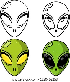 Alien. Extraterrestrial monster with green head and Big eyes. Martian and UFO. Space creature and visitor. Set of Science fiction icon. Cartoon flat illustration