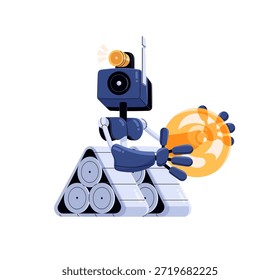Alien, extraterrestrial robot on tracks. Space machine with video camera, artificial intelligence. UFO astronaut character. Technology from another planet. Flat isolated vector illustration on white