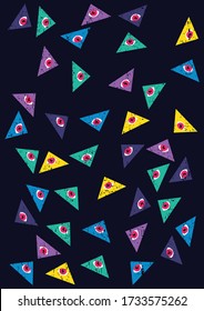 Alien eye illuminati triangle pyramid glitch seamless pattern. Colorful illustration template t-shirt.