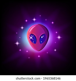 Alien face with big eyes in outer space with stars. Extraterrestrial humanoid head vector illustration.