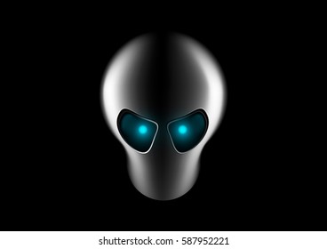 alien face with blue eyes on dark background. Invader head. UFO icon