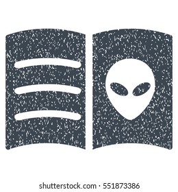 Alien Face Book grainy textured icon for overlay watermark stamps. Flat symbol with unclean texture. Dotted vector smooth blue ink rubber seal stamp with grunge design on a white background.