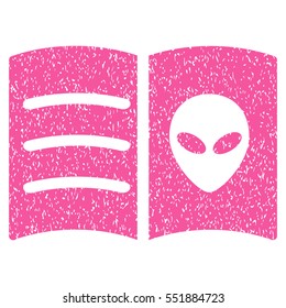 Alien Face Book grainy textured icon for overlay watermark stamps. Flat symbol with dust texture. Dotted vector pink ink rubber seal stamp with grunge design on a white background.