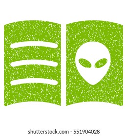 Alien Face Book grainy textured icon for overlay watermark stamps. Flat symbol with dust texture. Dotted vector eco green ink rubber seal stamp with grunge design on a white background.