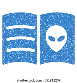 Alien Face Book grainy textured icon for overlay watermark stamps. Flat symbol with dust texture. Dotted vector cobalt ink rubber seal stamp with grunge design on a white background.