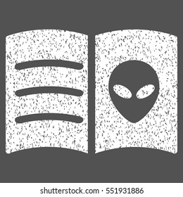 Alien Face Book grainy textured icon for overlay watermark stamps. Flat symbol with dust texture. Dotted vector white ink rubber seal stamp with grunge design on a gray background.