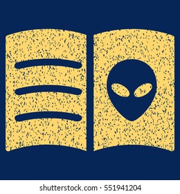 Alien Face Book grainy textured icon for overlay watermark stamps. Flat symbol with unclean texture. Dotted vector yellow ink rubber seal stamp with grunge design on a blue background.