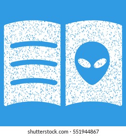 Alien Face Book grainy textured icon for overlay watermark stamps. Flat symbol with dust texture. Dotted vector white ink rubber seal stamp with grunge design on a blue background.