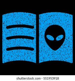 Alien Face Book grainy textured icon for overlay watermark stamps. Flat symbol with scratched texture. Dotted vector blue ink rubber seal stamp with grunge design on a black background.