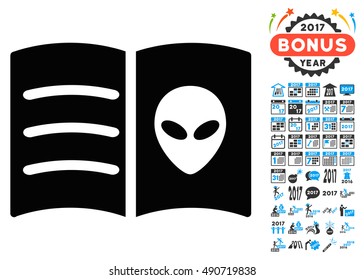 Alien Face Book icon with 2017 year bonus vector design elements. Clipart style is flat symbols, white background.