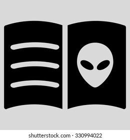 Alien Face Book vector icon. Style is flat black symbol, rounded angles, light gray background.