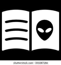 Alien Face Book vector icon. Style is flat white symbol, rounded angles, black background.