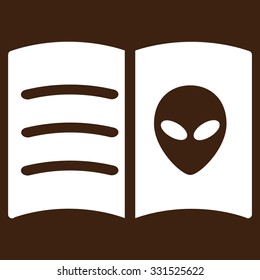 Alien Face Book vector icon. Style is flat white symbol, rounded angles, brown background.