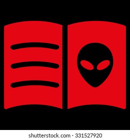 Alien Face Book vector icon. Style is flat red symbol, rounded angles, black background.