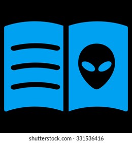 Alien Face Book vector icon. Style is flat blue symbol, rounded angles, black background.