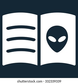 Alien Face Book vector icon. Style is flat white symbol, rounded angles, dark blue background.
