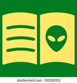 Alien Face Book vector icon. Style is flat yellow symbol, rounded angles, green background.