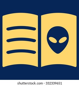 Alien Face Book vector icon. Style is flat yellow symbol, rounded angles, blue background.