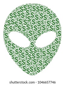 Alien Face collage of dollar symbols. Vector dollar icons are united into alien face illustration.