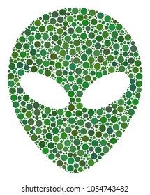Alien Face composition of filled circles in various sizes and color tints. Round dots are organized into alien face vector composition. Vector design concept.