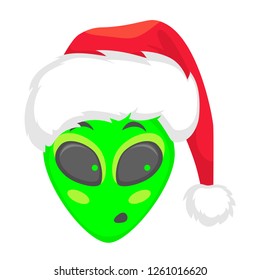 Alien face emoji. Alien green head in santa hat - Surprise. Humanoid vector illustration