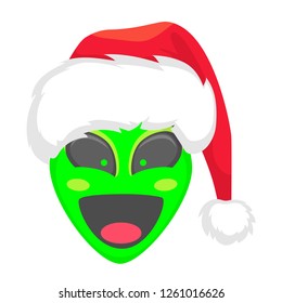 Alien face emoji. Alien green head in santa hat - LOL. Humanoid vector illustration