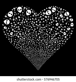 Alien Face fireworks with heart shape. Vector illustration style is flat white iconic symbols on a black background. Object valentine heart constructed from scattered pictograms.