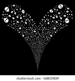 Alien Face fireworks stream. Vector illustration style is flat white iconic symbols on a black background. Object double fountain done from random icons.