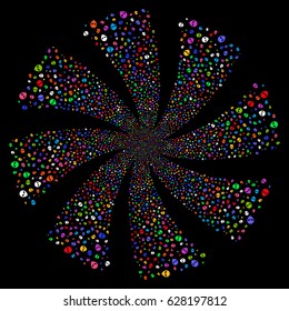 Alien Face fireworks swirl rotation. Vector illustration style is flat bright multicolored iconic symbols on a black background. Object whirlpool combined from random symbols.